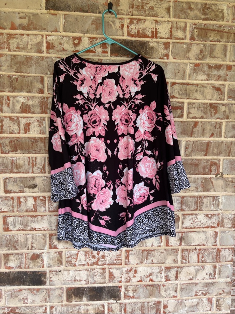 Avenue Black with Pink Rose Print Ruffle Sleeve Border Tunic - Picture 6 of 8